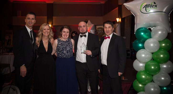 L-R- Jim Eastwood (Former Apprentice contender), Barbara McNeill Head of School Training, Julie Thornton - Logistics Manager - Huhtamaki Lisburn, Chris Gorman Yard Manager Huhtamaki Lisburn, Julie Thornton - Logistics Manager Huhtamaki Lisburn, Gareth Kirk - Chief Executive Action Cancer 